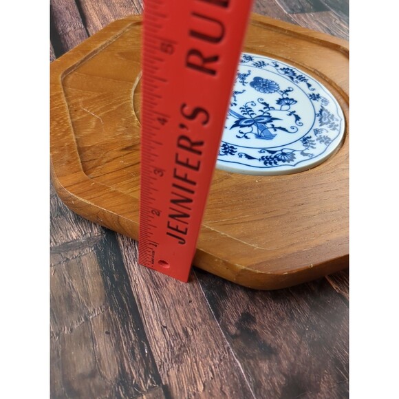 Rustic Coastal Teak Wood Charcuterie Tray Glass Cloche Blue Tile Hexagon VTG - Picture 7 of 9